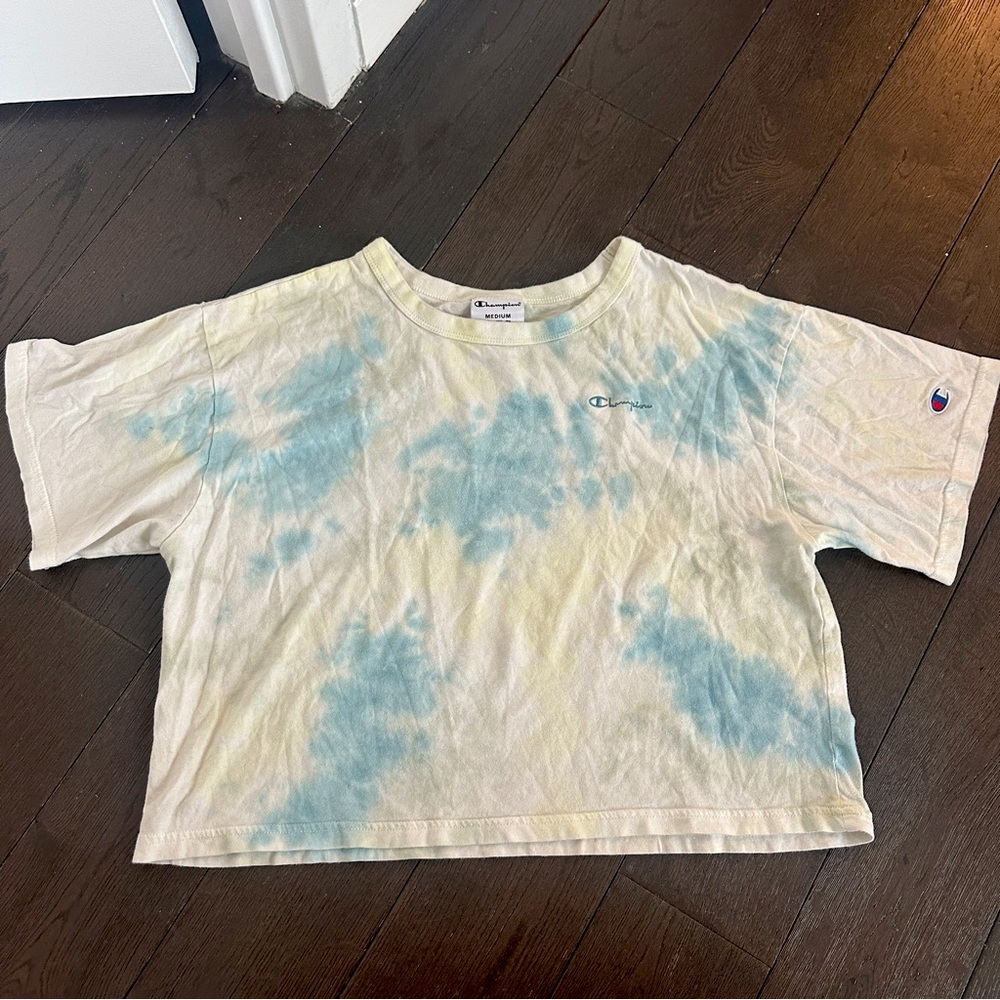 Blue & Green Tie Dye Cropped Champion Tee